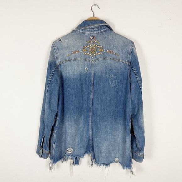 Free People Moonchild Embroidered Distressed Shirt Jean Jacket - Picture 4 of 9